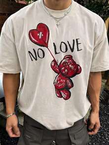 Camiseta Oversize Fractyr para Hombre con Estampado de Oso de Peluche y Corazón "NO LOVE", Tacto Suave, Color Blanco Ceniza, Estilo Grunge Urbano, Diseño Gráfico de Estética Oscura - Blanco - Ver 2