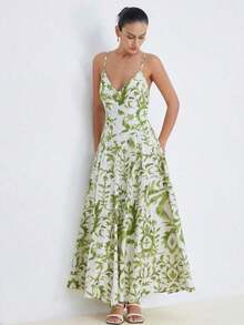 xheAveloria Frievida Vestido deslizante de gasa de estilo vintage con base blanca y estampado aleatorio verde, de bambú y aspecto de lino, con elaborada artesanía, diseño de falda acampanada, bajo romántico, técnica de impresión refinada, estilo bohemio natural, adecuado para vacaciones de verano, playa, fiesta, picnic, salida casualxhe - Multicolor - Ver 3