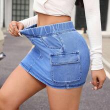 guang zhou mi qian shang mao  Minifalda de mezclilla con cintura elástica y bolsillos cargo para mujer - Azul - Ver 6