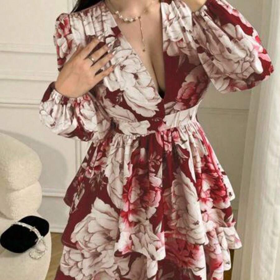 Vestido mini de moda con cuello en V profundo, mangas farol y dobladillo con volantes con estampado floral para mujer - Burdeos - Ver 1