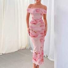 Vestido largo ajustado con hombros descubiertos, estampado floral rosa con malla, romántico para la cita del Día de San Valentín de la mujer - Verde - Ver 5