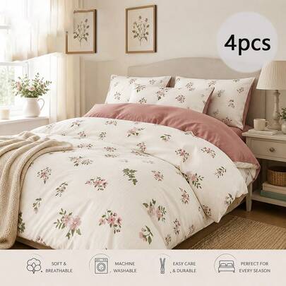 4pcs Ditsy Floral Duvet Cover Set, Soft Pastel Pink Ditsy Floral Duvet Cover, Fresh Pastoral Printed Bedding, Skin-Friendly Breathable Easy Care, French Retro Palace Style For Student Dorm Home Bedroom, All Season (1 Duvet Cover + 1 Flat Sheet + 2 Pillowcases, Excluding Filler)