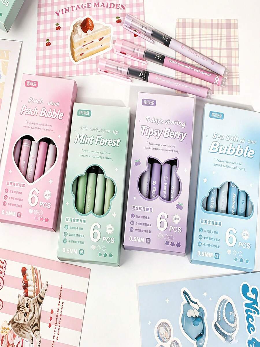 6pcs Quick-Drying Ballpoint Pens, 0.5mm Fine Tip, Muted Pastel Colors, Black Ink Non-Blotting, Student/Office Neutral Pens, Muted Tone Aesthetic, Back To School - Rollerball Pen - View 1