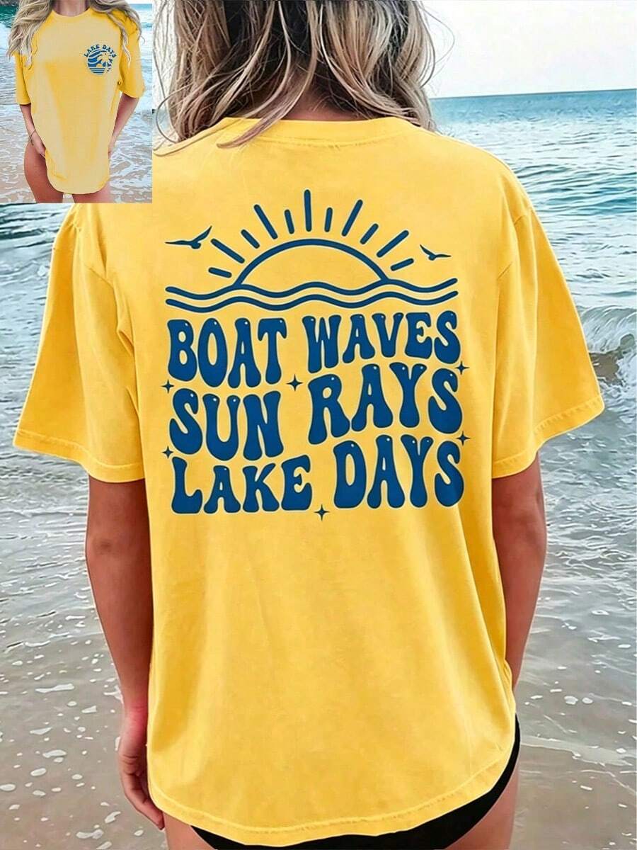 Cotton T-Shirt-[Double-Sided Print]Boat Letter Print Short-Sleeve Round Neck T-Shirt-Short Sleeve Crew Neck T-Shirt-Vacation Outfits Women-Summer Tops - 黃色 - 查看 1