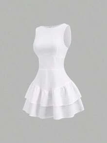 Sweetro Vestido mini de línea A con doble capa de volantes, sin mangas, en estilo vintage, romántico, elegante, juguetón, lindo, bohemio, para festivales de música, vacaciones, citas, trayectos y trabajo, apto para primavera/verano/otoño/invierno - Blanco - Ver 3