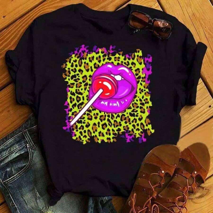 New Women's T-Shirt With Pink Lips And Leopard Print, Casual Style, Round Neck, Sexy, Black, With Kiss Design, Fun, For Girls, Dropshipping - 酒紅色 - 查看 1