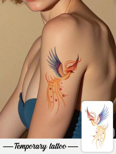 1 Tatuaje adhesivo con diseño de Sakura y Fénix de color degradado en estilo chino tradicional, diseño de tatuaje vertical estético, tatuaje temporal adhesivo, PVC lavable, desechable, resistente al agua y al sudor, adecuado para palmas, brazos, cintura, abdomen, espalda, piernas, sin reflejo, diseño de tatuaje realista, adecuado para viajes, festivales de música, juegos, regalos de graduación y uso diario, dura de 3 a 5 días