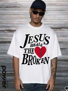 Esclusiva T-shirt Grafica da Uomo per il Giorno dell'Indipendenza e la Dichiarazione di Indipendenza, con la scritta "JESUS HEALS THE BROKEN", stile Y2K, design unisex. È una T-shirt casual in puro cotone per la primavera e l'estate, con scollo rotondo e maniche corte, caratterizzata da un design appositamente creato per la Giornata del Papa. - Bianco - Visualizzare 3