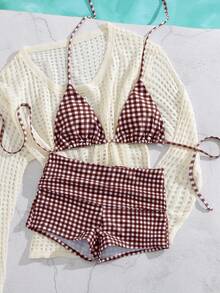 Bộ bikini nữ, bộ bikini caro đỏ lựu tập Pilates, quần bơi đi biển/tập thể dục, phù hợp cho World Cup/thường ngày/Y2k/phong cách đường phố/trang phục mùa hè đi nghỉ dưỡng - màu nâu - Xem 6
