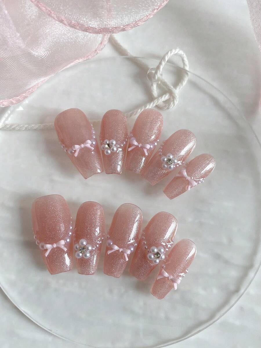 Estilo de Lujo Ligero Rosa Nude Lazo Tridimensional + Perlas, Hija Rica Suave, Blanqueamiento, Manicura Suave y Usable, Uñas Postizas Removibles Hechas a Mano - Multicolor - Ver 1