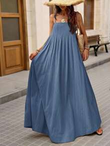 Vestido holgado de unicolor tejido, adecuado para vacaciones de primavera/verano - Niebla azul 2 - Ver 1