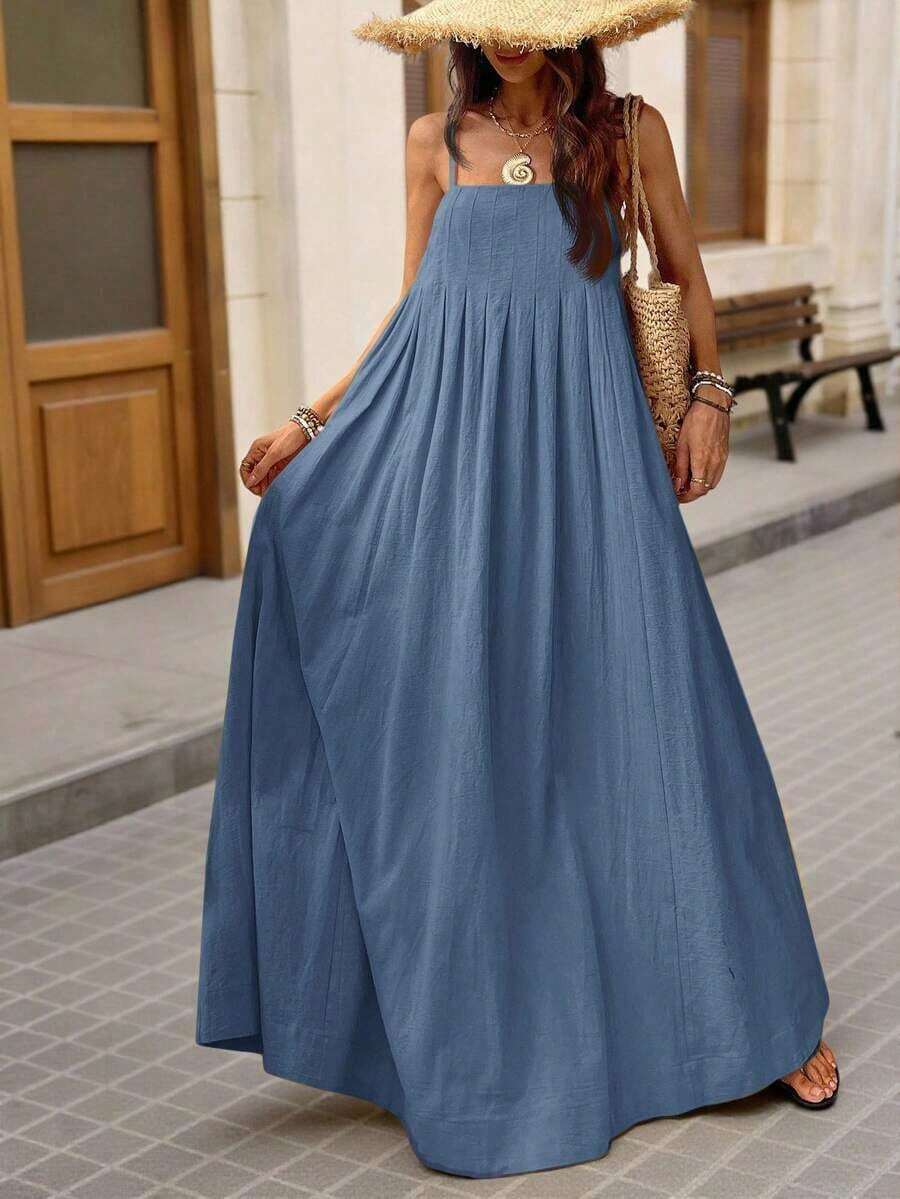 Vestido holgado de unicolor tejido, adecuado para vacaciones de primavera/verano - Niebla azul 2 - Ver 1