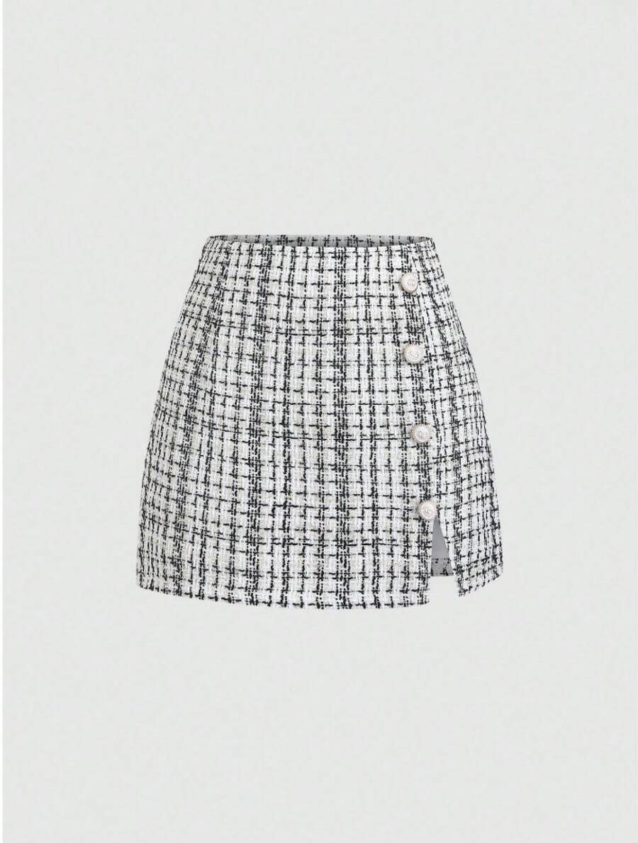 Falda a cuadros de para comercio transfronterizo, falda corta, falda de corte en A, falda de cintura alta y efecto adelgazante para mujer, nueva colección otoño-invierno 2025. - Blanco - Ver 1