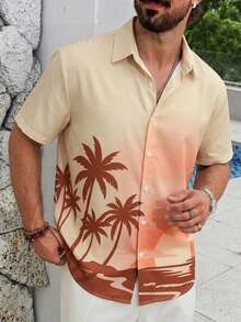 Plus Size Men's Short Sleeve Hawaiian Shirt With Coconut Tree, Beach Sunset Print, Loose Casual Beach Resort Vacation Collared Top, Summer - Apricot - View 5