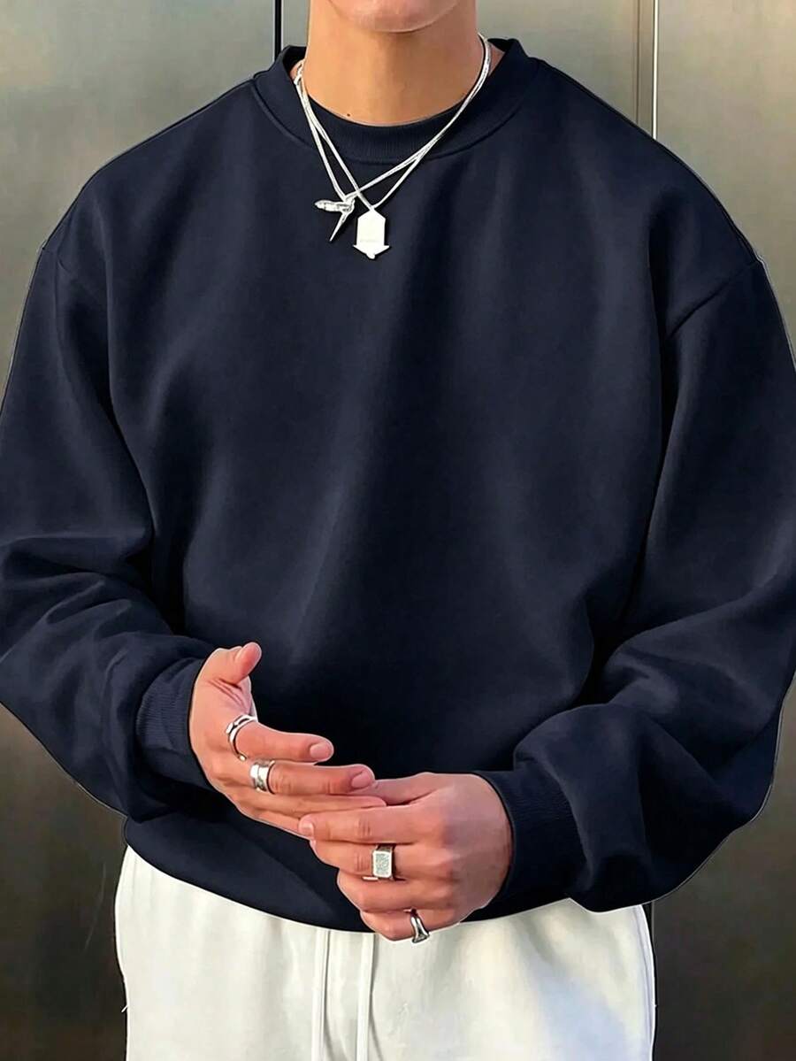 Men's Plus Size Solid Color Crew Neck Long Sleeve Casual Pullover Sweatshirt - Navy Blue - View 1