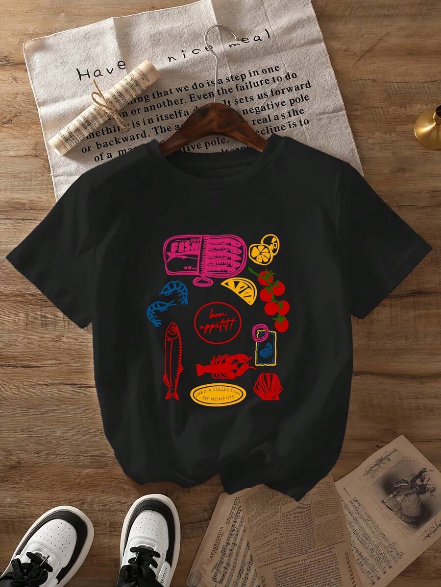 Camiseta con estampado gráfico de mariscos y frutas en rojo y rosa, manga corta, cuello redondo, estilo casual para verano y primavera, ropa de mujer - alta calidad - Negro - Ver 1
