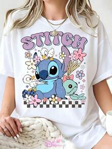 Disney Lilo & Stitch Cute Stitch & Scrump Graphic Oversized T-Shirt, Retro Cartoon Sweetheart Vacation Tee For WomenUnisex, Couple Shirts, Excellent Gifts. - White - View 1