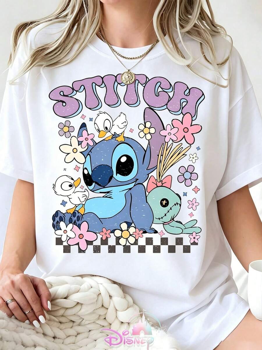 Disney Lilo & Stitch Cute Stitch & Scrump Graphic Oversized T-Shirt, Retro Cartoon Sweetheart Vacation Tee For WomenUnisex, Couple Shirts, Excellent Gifts. - White - View 1