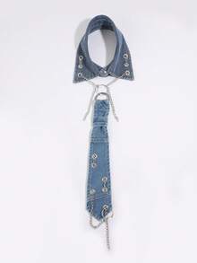 1 pieza Collar de cadena de denim azul estilo retro punk para hombres, collar gargantilla multicapa de metal con remaches y anillo en O personalizado, accesorio de vanguardia gótico callejero - Corbata de eslabones desmontables de mezclilla con cuello de cadena sin nudo - Ver 6