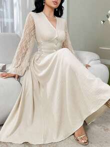 Vestido elegante de mujer con manga farol de encaje de contraste y abotonadura sencilla - Albaricoque - Ver 1
