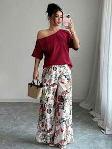 VCAY Set de 2 piezas Blusa de cuello asimétrico de color liso y Pantalones con estampado floral, conjunto casual para mujer - Burdeos - Ver 5