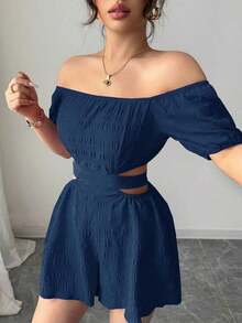 Mono informal de mujer para vacaciones con hombros descubiertos y lazo en la espalda - azul real - Ver 4