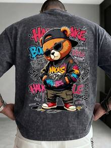 FRACTYR Men's Washed Light Blue Loose T-Shirt, Hip Hop Teddy Bear Print Loose Short Sleeve T-Shirt, Casual Breathable Tee Suitable For Outdoor Wear - Black - View 2