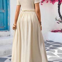 Vestido de maternidad informal de unicolor con cuello redondo, manga corta, empalme de cintura y volante en el bajo - Amarillo - Ver 3