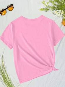Latest Fashion, Vibrant Short Sleeve T-Shirt - 95%, Summer Sports Top With Round Neck, Fashion Print Elements, Casual Sporty Short Sleeves, Comfortable Loose Fit, Breathable And Soft, Suitable For Daily Leisure And Outdoor Activities - 粉色 - 查看 2