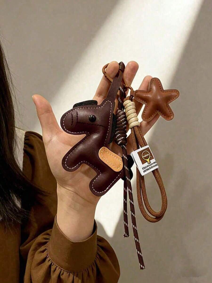 1個復古學院風PU皮革馬形包包掛飾,附星星編織掛繩,時尚美感手提包吊飾,背包車鑰匙圈配件,送給女孩與女性的幸運禮物 - 彩色 - 查看 1