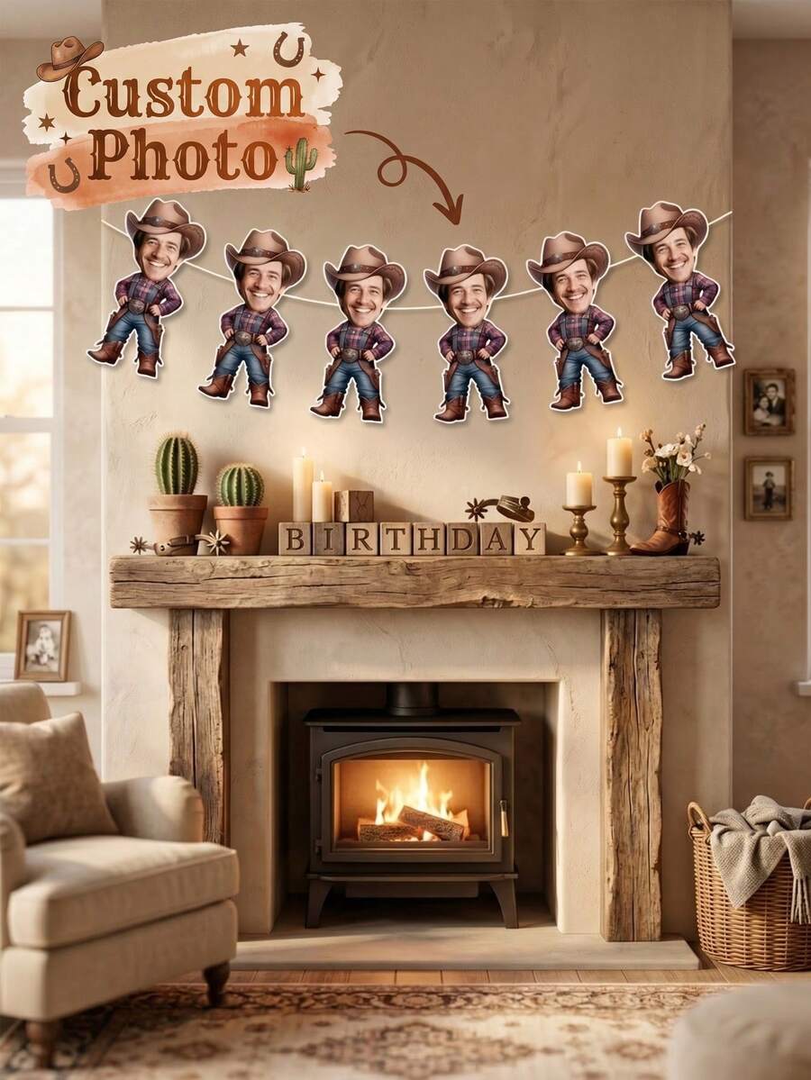 4/8/12pcs Custom Photo Cowboy Banner, Personalized Face Bunting, Rustic Western Wild West Garland, Men's Cowboy/Rodeo Themed Birthday Party Banner, Country/Rodeo Celebration Decor - Multicolor - View 1