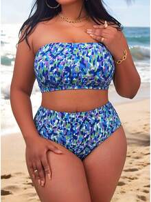 Conjunto de bikini de dos piezas sin tirantes y de cintura alta con tiras delgadas - Flor - Ver 8