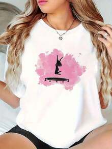 Women'S Stylish Pink Watercolor Graphic T-Shirt - Casual, Comfortable, And Breathable Round Neck Short Sve Tee With Trampoline Silhouette Design, Perfect For Fitness And Outdoor Activities, All-Season Wear, Fitness Rel |   Playful Graphic Tee |   Soft FabricCasual Daily Wear - 白色 - 查看 1