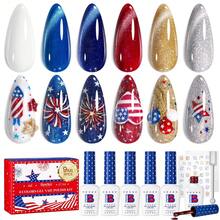 Beetles 4th Of July Gel Nail Polish Set - 6 Colors Independence Spark Cat Eye Gel Polish Kit Glitter Blue Red White Sliver Gold With Magnet & Stickers Soak Off Uv Nail Art At Home Gift For Women - 6 Colors Independence Spark - 查看 1