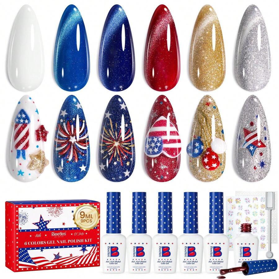 Beetles 4th Of July Gel Nail Polish Set - 6 Colors Independence Spark Cat Eye Gel Polish Kit Glitter Blue Red White Sliver Gold With Magnet & Stickers Soak Off Uv Nail Art At Home Gift For Women - 6 Colors Independence Spark - 查看 1