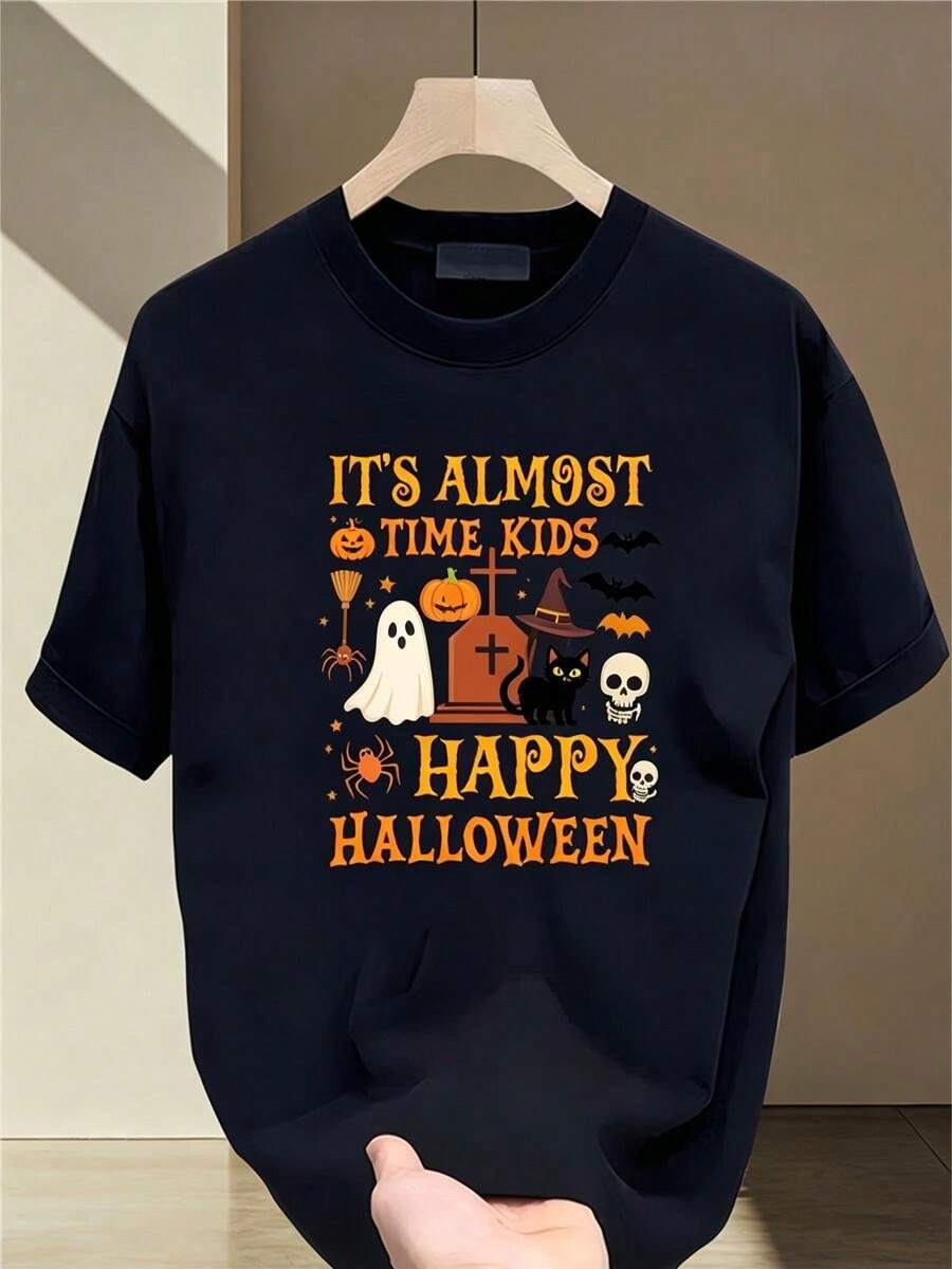 Men's Heavyweight Short-Sleeved T-Shirt With A Modern And Stylish Print, Ideal For Casual Sports And Outdoor Activities, Loose And Versatile Fit, Breathable Men's Top. - 黑色 - 查看 1