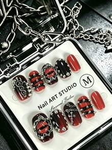 10pcs Rectangular Dark Gothic Press-On Nails, Red-Black Gradient With Demon Eye, Studs, Chain And Cross Design, Suitable For Women And Girls For Daily Wear, Parties And More - Multicolor - View 2