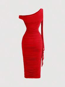 MOD Vestido de longitud media con hombro asimétrico ajustado, fruncido y decoración de hebilla metálica para mujer - Rosa 2 - Ver 6