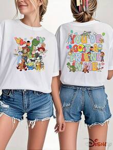 Toy Story Element Women's T-Shirt With Round Neck, Double Print Front And Back, With Painted, Versatile Classic Group Motif, Soft And Skin-Friendly, New Top For Spring And Summer, Recommended For Disney Fans, Slightly Elastic. - 白色 - 查看 6