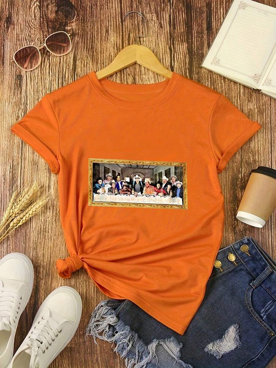 Last Supper Art Print Digital Print Short Sleeve Unisex Pure Cotton Loose And Comfortable - 橘色 - 查看 1
