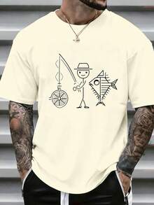 Camiseta Estampada para Hombre, Estilo Vintage Holgado, Diseño de Pesca de Sirena, Estilo Casual para Viajes Diarios, Sin Arrugas| Camisetas de uso diario para hombre| Camisetas básicas para hombre| Tops de moda modernos - Blanco - Ver 10