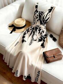 Vestido sin mangas con estampado botánico elegante para mujer, de verano - Negro - Ver 4