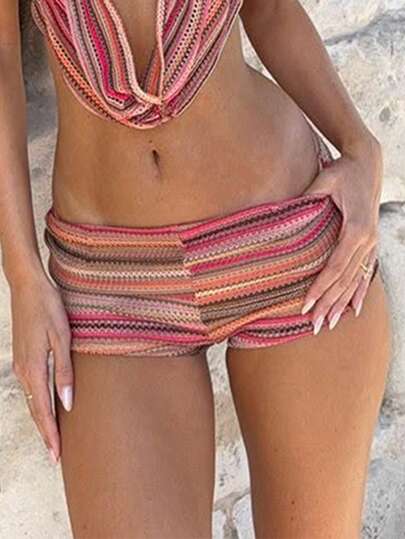 Vaiaye Calções de Malha às Riscas Multicoloridos de Cintura Baixa para Mulher - Calções Mini Casuais de Corte Slim, Adequados para Praia&Férias&Streetwear de Verão