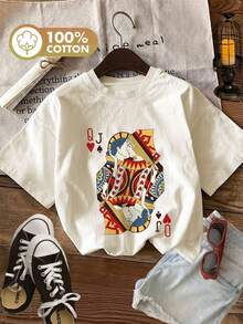 Camiseta Casual de Verano para Mujer con Estilo Vintage, Estampado de Cartas de Póker y Parejas Q J Corazón, Cuello Redondo, Manga Corta [Ling K] - Rosa - Ver 7