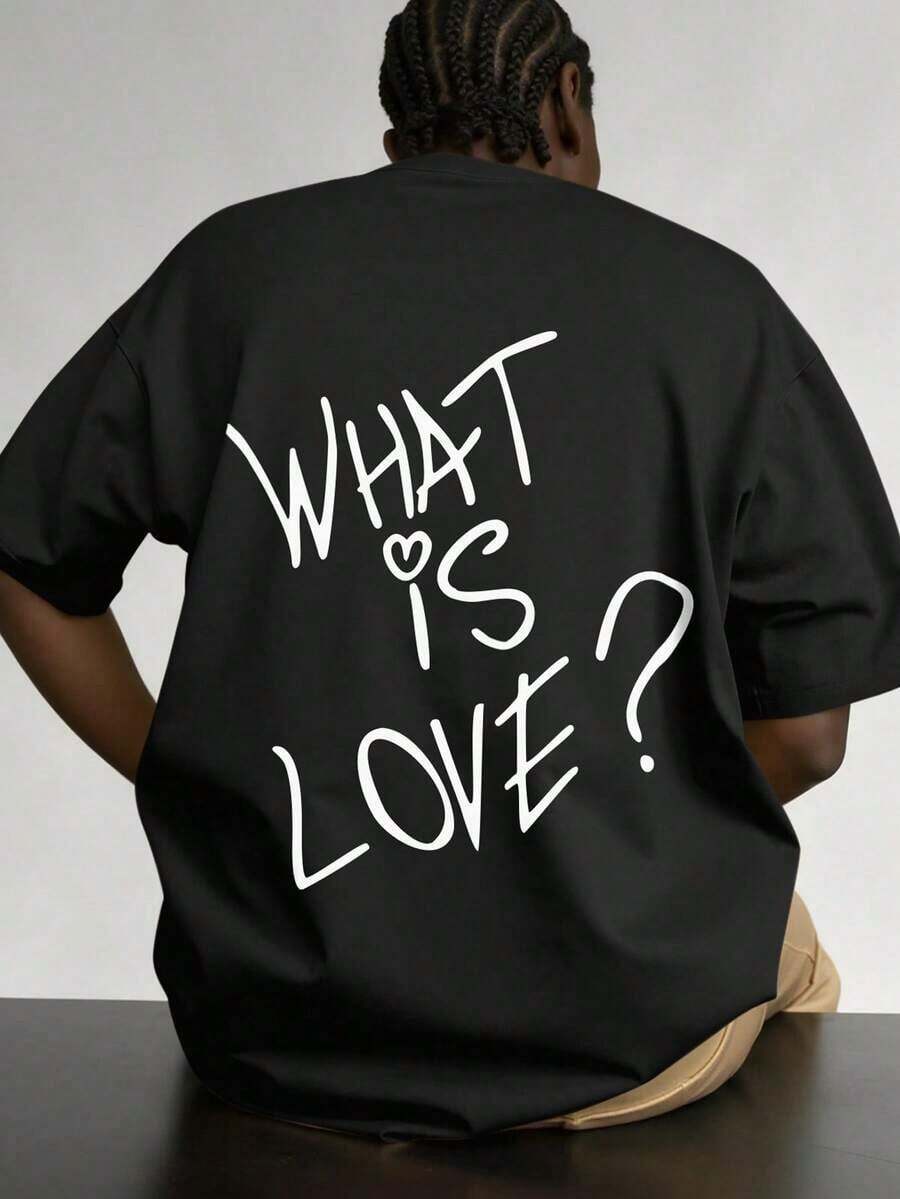 Manfinity Love Manifesto Letter Print Summer Short Sleeve T-Shirt For Men, 100% Pure Cotton, 200 Gram Weight, Outdoor Sweatshirt For Men, Black, Shoulder, Oversized, Loose Fit, Lightweight And Breathable, Beach, Holiday, Relaxed, Leisure, Couple Clothing For Men And Women - 黑色 - 查看 1