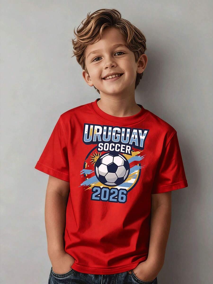 Boys' Casual Sports Uruguay Football 2026 Graphic Print Soccer T-Shirt, Black Short Sleeve Shirt For Children Ages 4-12, Kids' Clothing - 灰色 - 查看 1