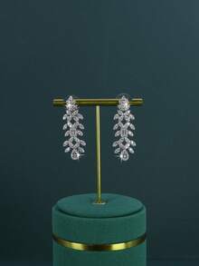 5 piezas Conjunto de joyería nupcial de estilo real con diseño geométrico de borlas, chapado en oro blanco, con circonita cúbica blanca engastada a mano, que incluye collar, pulsera, aretes y anillo, adecuado para uso diario, regalo de aniversario de boda o regalo para amigos (incluye empaque de caja de regalo premium) - borlas geométricas - Ver 6