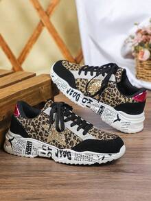 Leopard Print Star Lace-Up Unisex Thick Sole Sneakers, Dopamine Thick Sole Breathable Graffiti Sole Street Shoes, Suitable For Daily Wear And Party, Mother's Day And Christmas Gift - Black Leopard - View 5