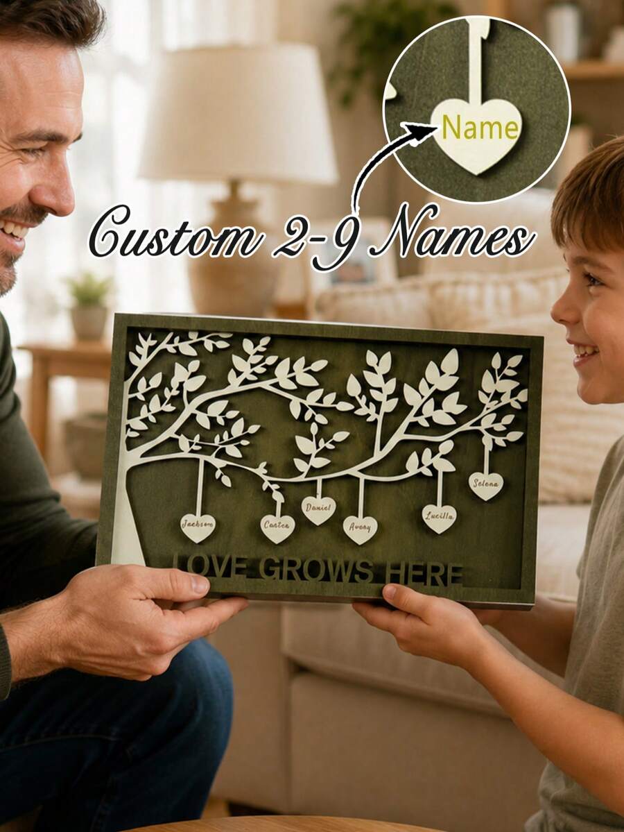 1pc Customized Family Name Plate, Customized Wooden Family Decor, Tree Of Life Wooden Ornament, Living Room Decoration, Father's Day Gift, Maternal Grandfather Gift, Mother's Day Gift, Exquisite Gift For Women, Mothers, Grandmothers - Multicolor - View 1