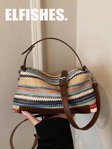 Woven Straw Crossbody Bag, Bohemian Style Handbag With Leather Decor, Lightweight Summer Beach Bag For Women, Detachable Strap, Essential For Casual & Holiday - Multicolor - View 5